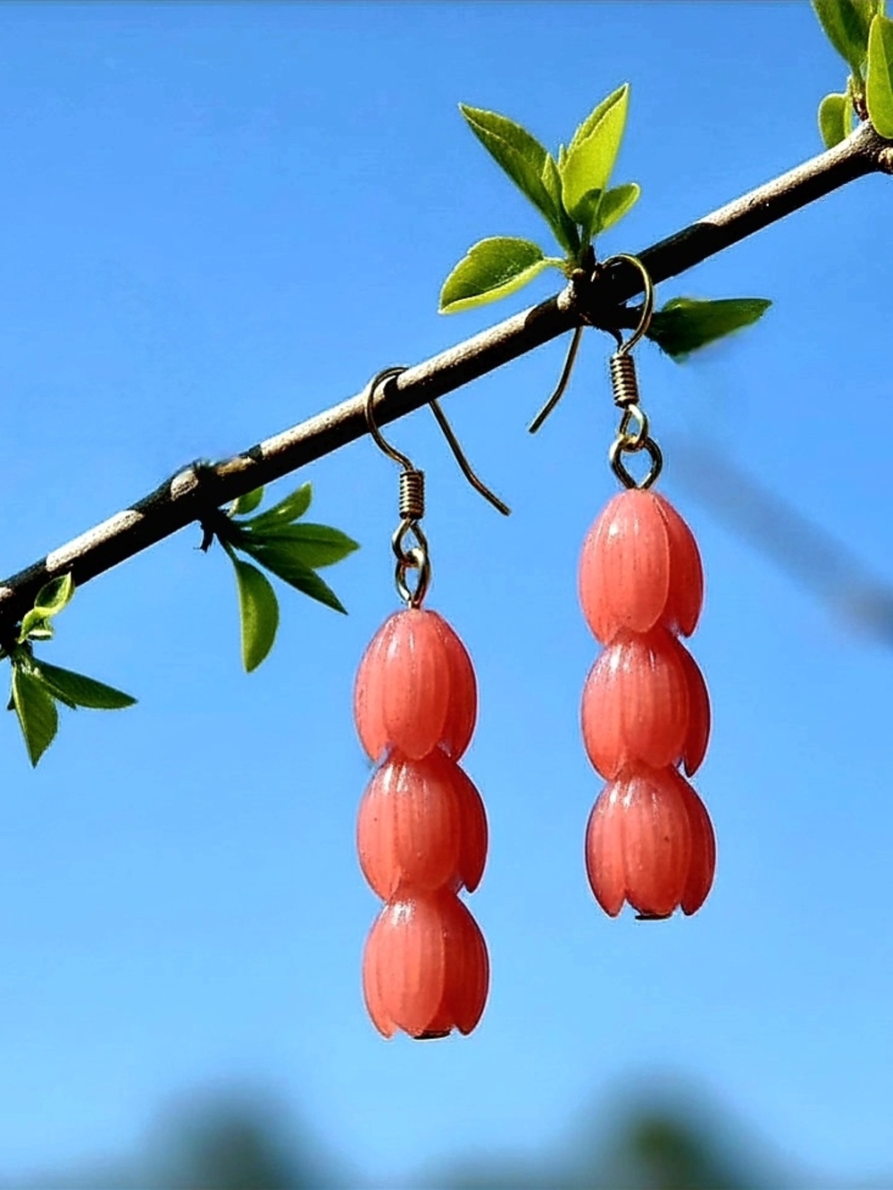 Handmade Coral Red Pikake Bead Drop 18K Gold-plated -Women Hawaiian Jewelry